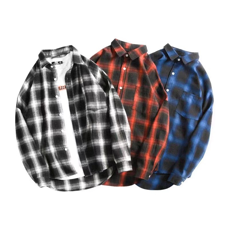 เสื้อเชิ้ตผู้ชายแขนยาวสไตล์เกาหลีลายสก็อตทรงหลวมไซส์M-3XL