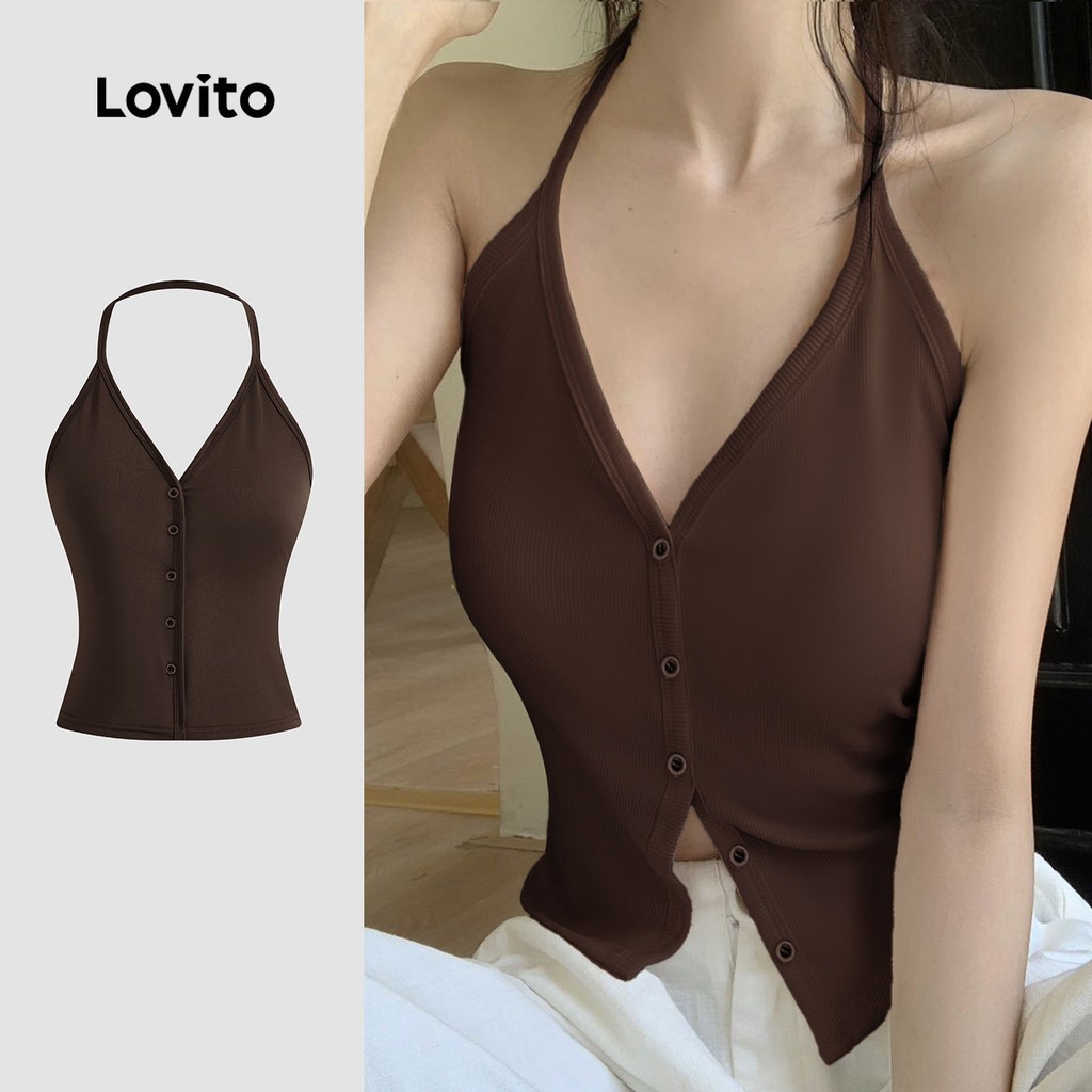 Lovito เสื้อกล้ามกระดุมสีพื้นแบบลําลองสําหรับผู้หญิง